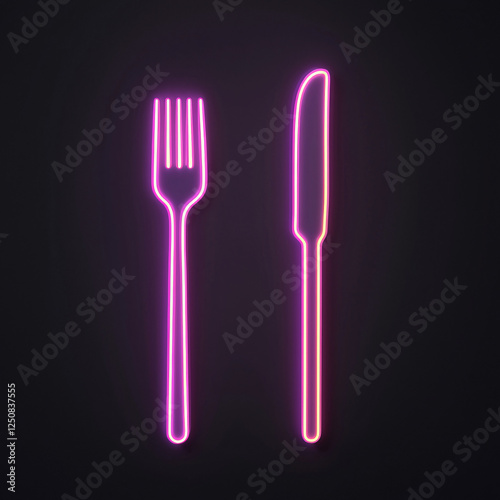 Neon fork and knife glowing against dark background, creating modern dining atmosphere. Perfect for restaurant or food related themes