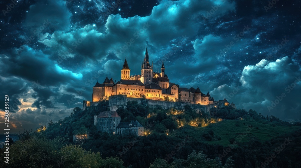 Enchanted Castle under a Starlit Night Sky: A Majestic Hilltop Fortress Illuminated Enchanted Castle under a Starlit Night Sky: A Majestic Hilltop Fortress Illuminated