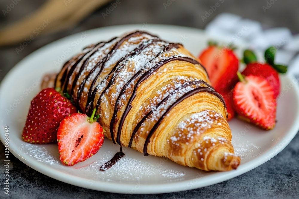 Freshly baked croissant topped with melted chocolate and sliced strawberries, served on a plate Freshly baked croissant topped with melted chocolate and sliced strawberries, served on a plate