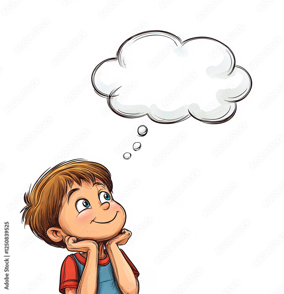 Cartoon illustration of a boy with an empty thought bubble on a white background for customizable concept design Cartoon illustration of a boy with an empty thought bubble on a white background for customizable concept design