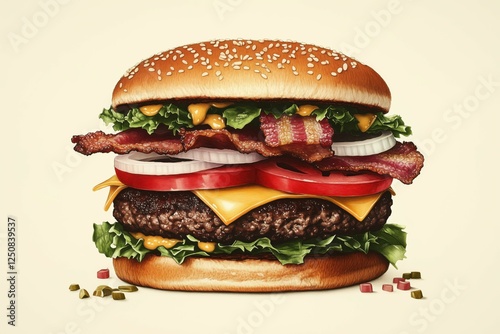 Delicious stacked burger with fresh ingredients and vibrant colors.
