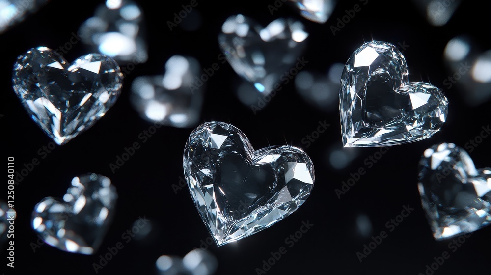 Realistic falling diamond hearts in high detail, with light reflections and shadows, set against a solid black backdrop. Realistic falling diamond hearts in high detail, with light reflections and shadows, set against a solid black backdrop.
