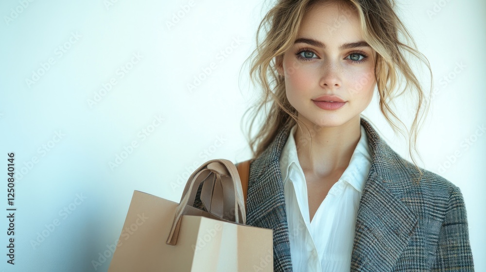Woman shopping bags, stylish clothes, studio background, lifestyle