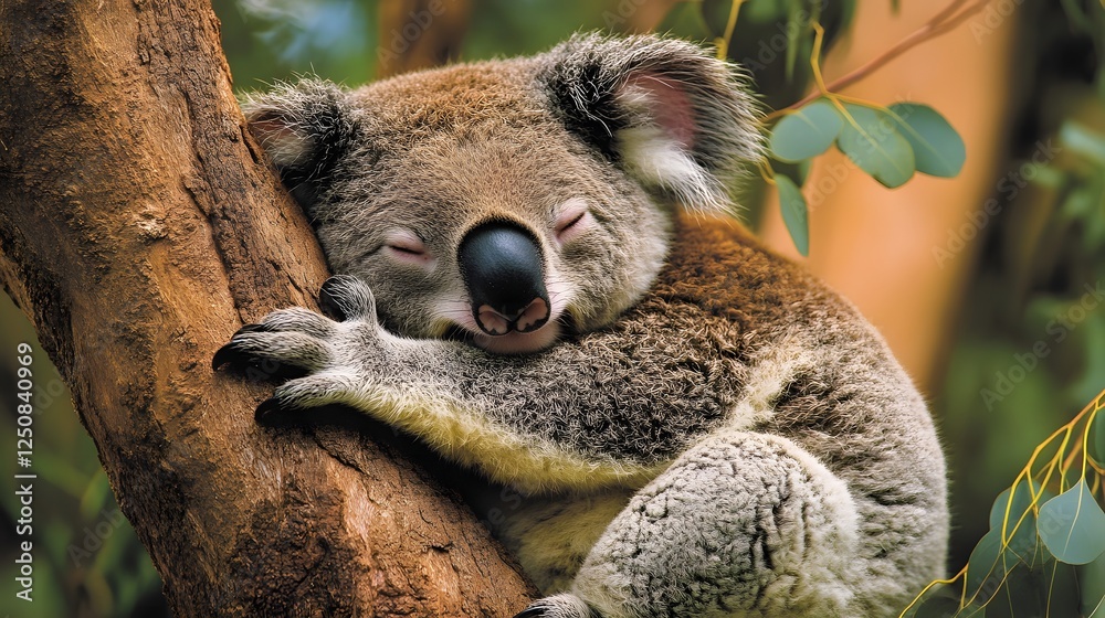 Fototapeta premium A koala sleeping in a eucalyptus tree