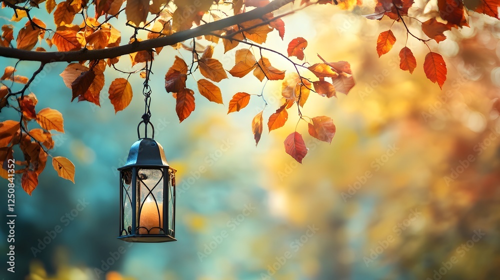 A lantern hanging from a tree branch with colorful autumn leaves A lantern hanging from a tree branch with colorful autumn leaves