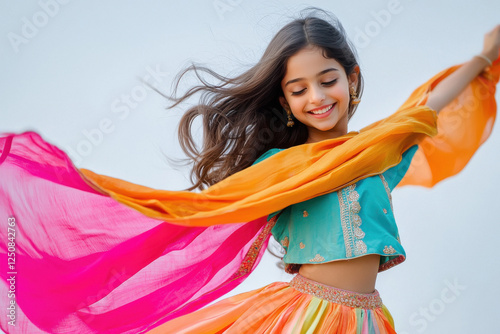 indian woman in lehenga choli and dancing photo