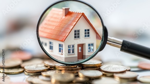 Small model house on coins with a magnifying glass emphasizing real estate investment and economic growth photo