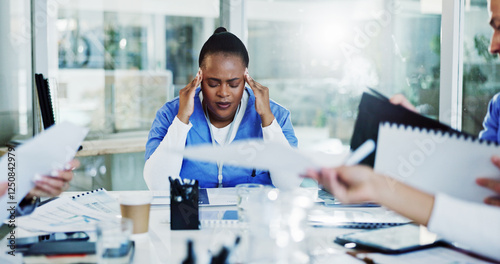 Frustrated woman, nurse or headache with documents in meeting for overworked stress or anxiety at hospital. Female person, fatigue or migraine with chaos for medical paperwork or clinic deadline