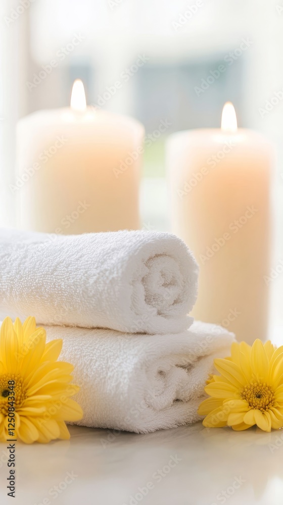 Relaxing spa setup with white towels, candles, and yellow flowers for a serene atmosphere Relaxing spa setup with white towels, candles, and yellow flowers for a serene atmosphere