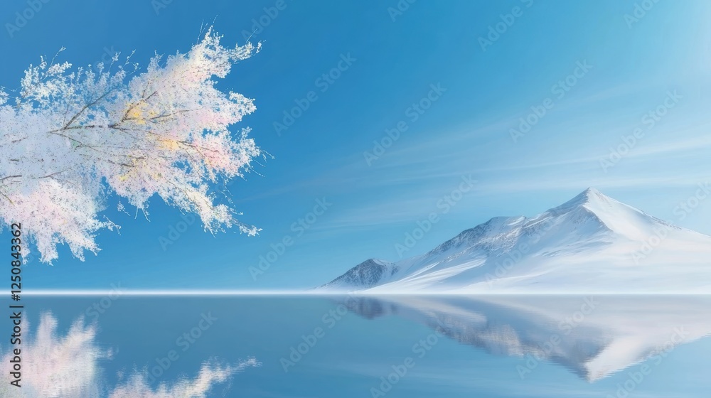 Fototapeta premium Serene landscape with snowy mountains and blooming branches against a blue sky.