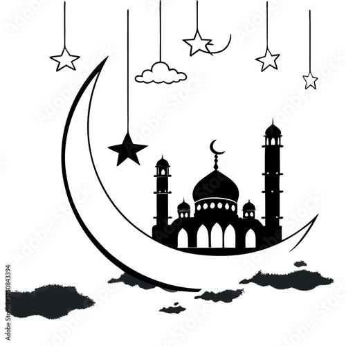 Silhouette sketch of Mosque with Domes, Minarets, Archways, and 'Ramadan Kareem' Calligraphy Design