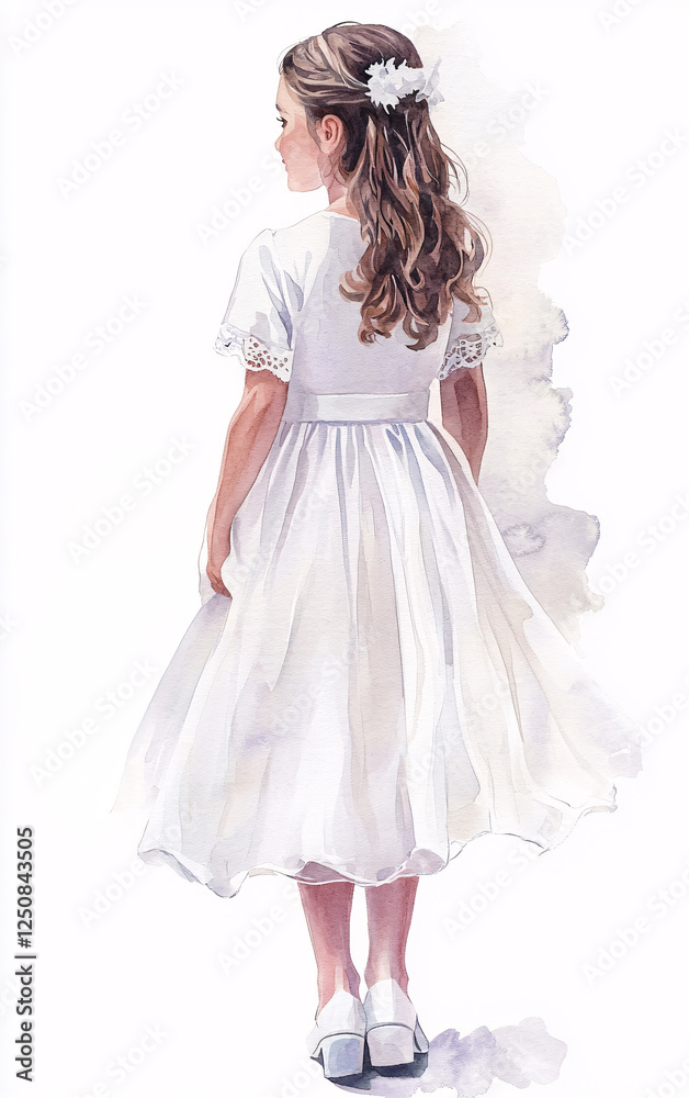Watercolor illustration of a young girl in a white First Communion dress with a flowery headdress in a soft artistic style Watercolor illustration of a young girl in a white First Communion dress with a flowery headdress in a soft artistic style