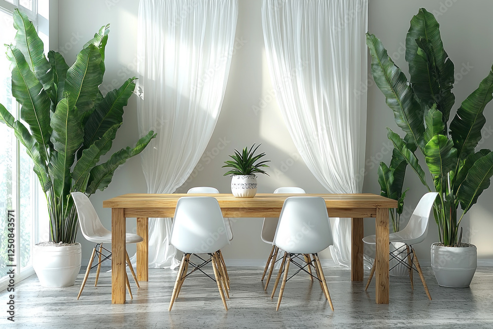 Fototapeta premium Bright dining room with wooden table, white chairs, large plants, sheer curtains, and window view