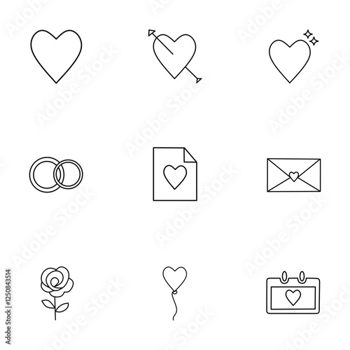 A collection of elegant and minimalist love-themed vector icons. This set includes various romantic symbols such as hearts, a love arrow, wedding rings, a love letter, a rose, a heart-shaped balloon, 