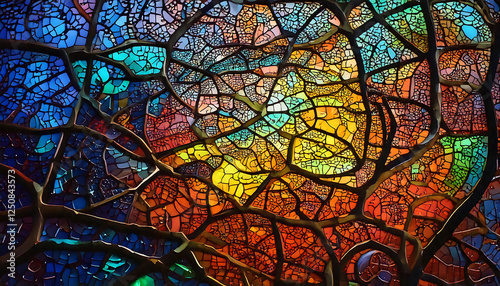 Vibrant stained-glass style artwork.  Intricate network of colorful, fractured patterns creates a mesmerizing abstract design.