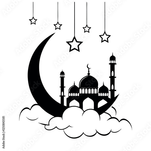 Silhouette sketch of Mosque with Domes, Minarets, Archways, and 'Ramadan Kareem' Calligraphy Design