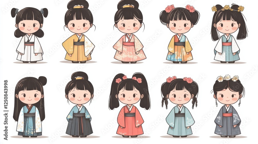 Nine cute little girl icons, Korean style with bold line art, on white background. Simple lines, flat illustrations, vector graphic style, high-res, lovely in clothes, ideal for design works. Nine cute little girl icons, Korean style with bold line art, on white background. Simple lines, flat illustrations, vector graphic style, high-res, lovely in clothes, ideal for design works.