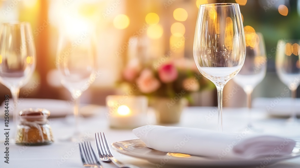 Elegant Dining Table Set with Wine Glass and Beautiful Floral Centerpiece at Sunset : Generative AI Elegant Dining Table Set with Wine Glass and Beautiful Floral Centerpiece at Sunset : Generative AI