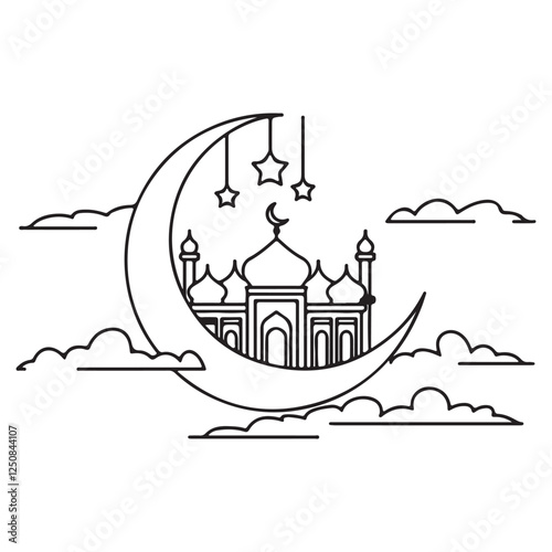 Silhouette sketch of Mosque with Domes, Minarets, Archways, and 'Ramadan Kareem' Calligraphy Design