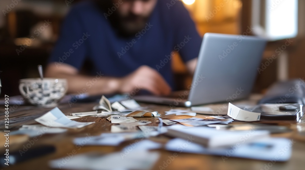 Fototapeta premium Scattered banknotes and paperwork on a wooden table with a laptop in an informal home workspace : Generative AI