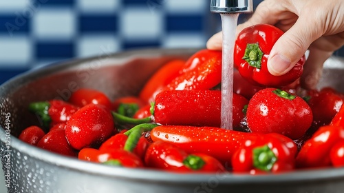 Fresh red peppers being washed under running water in a stainless steel bowl. A vibrant display of healthy vegetables perfect for salads and cooking. photo