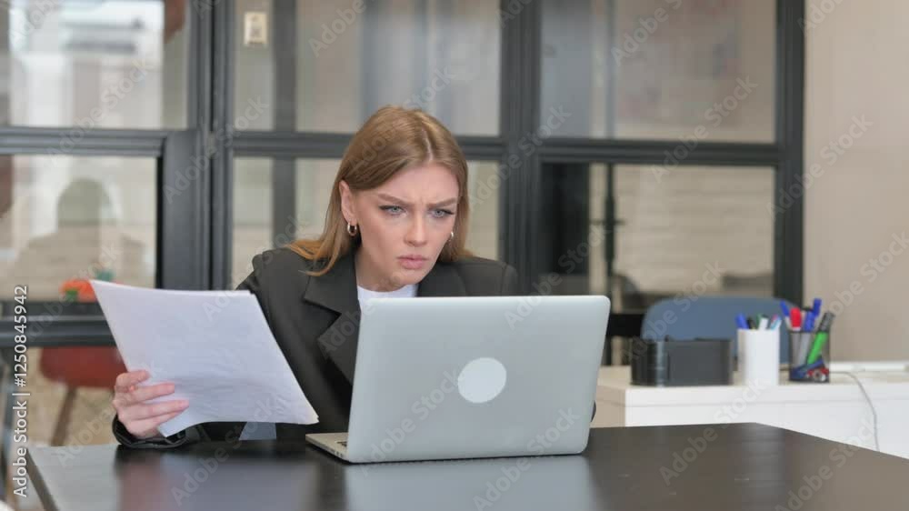 Young Businesswoman Feeling Upset while Reading Contract at Work Young Businesswoman Feeling Upset while Reading Contract at Work