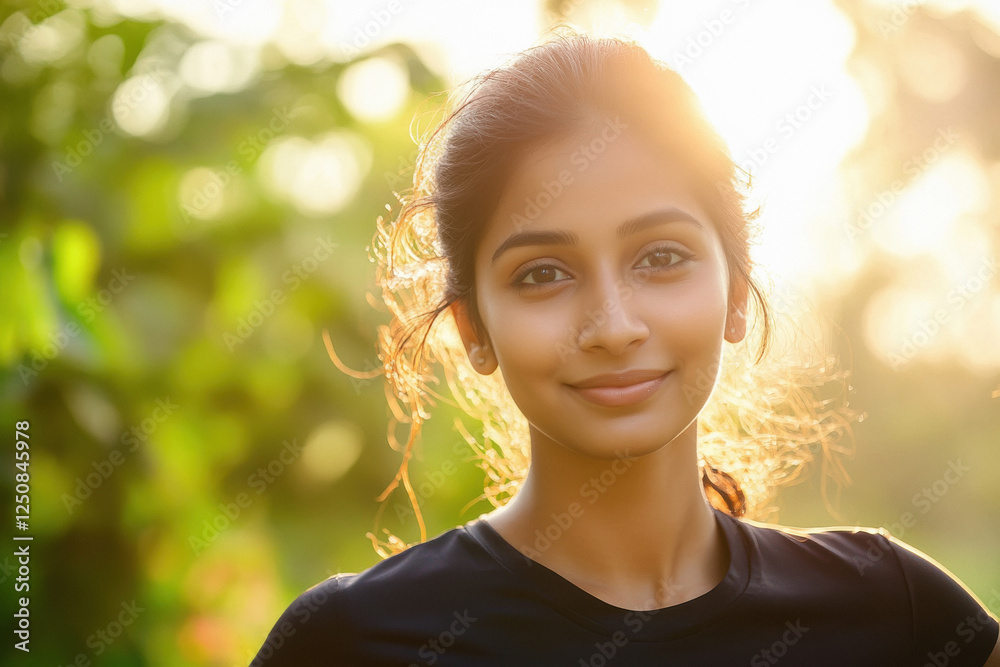 young beautiful indian woman standing outdoor in sunlight