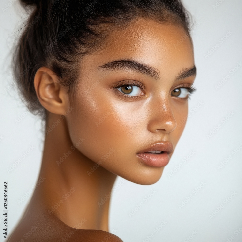 Naklejka premium Beautiful woman with flawless skin, portrait of a beautiful young model in close-up, on a white background