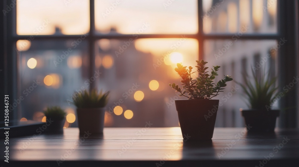 Potted plants on a wooden table with a sunset view through a window in a cozy setting Potted plants on a wooden table with a sunset view through a window in a cozy setting