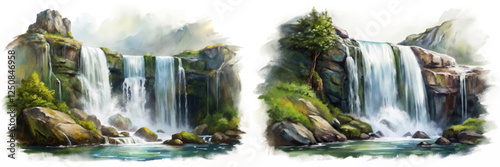 Lush green landscape, cascading waterfalls, serene nature scene, vibrant colors, tranquil water flow, artistic illustration.