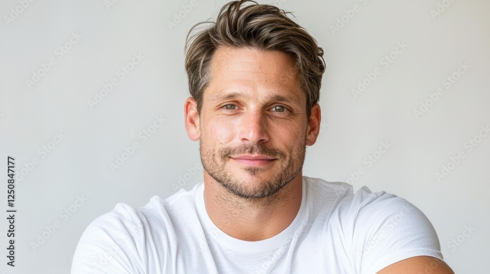 A confident man with a charming smile poses against a soft, neutral background, This photo can be used for marketing, lifestyle blogs, personal development, or wellness themes, A confident man with a charming smile poses against a soft, neutral background, This photo can be used for marketing, lifestyle blogs, personal development, or wellness themes,