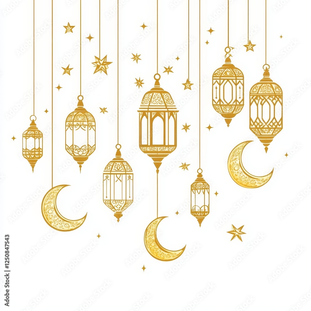 Golden Ramadan lanterns hanging, stars, moons, festive background, greeting card Golden Ramadan lanterns hanging, stars, moons, festive background, greeting card