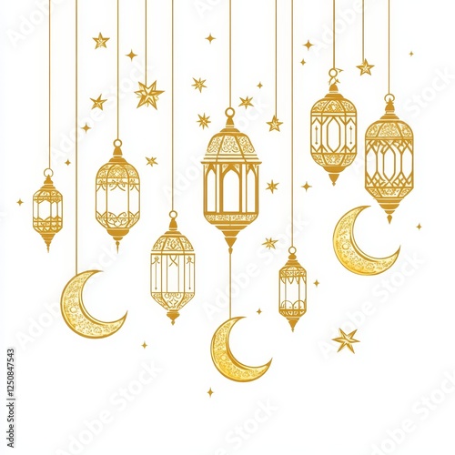 Golden Ramadan lanterns hanging, stars, moons, festive background, greeting card