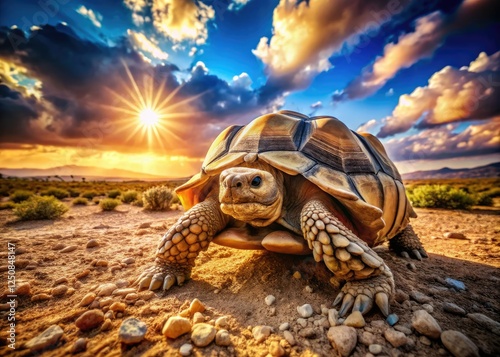 A panoramic view captures a giant Sulcata tortoise crawling across the African desert landscape. photo