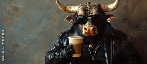 Cool Bull in a Black Leather Jacket and Sunglasses Holding a Cup of Coffee, Stylish Anthropomorphic Animal Art photo