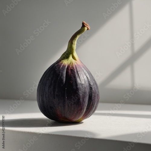 A fig with a long, curved stem still attached, casting a delicate shadow on a white surface.