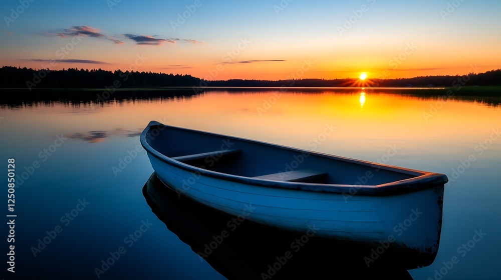 Obraz premium Serene Landscape with a Tranquil Boat on a Still Lake During Sunset Casting Beautiful Reflections on the Water : Generative AI