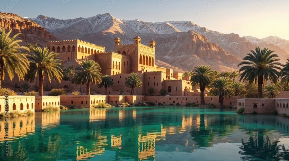Obraz premium A majestic castle nestled in a serene oasis, surrounded by lush palm trees and reflecting in a crystal-clear pool. The snow-capped mountains in the background add to the dramatic beauty of the scene.