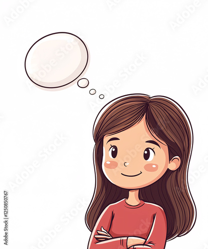 Cartoon illustration of a girl with an empty thought bubble on a white background for customizable concept design