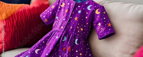 A bright purple kidsa?? frock with star and moon patterns displayed on a soft pillow background photo