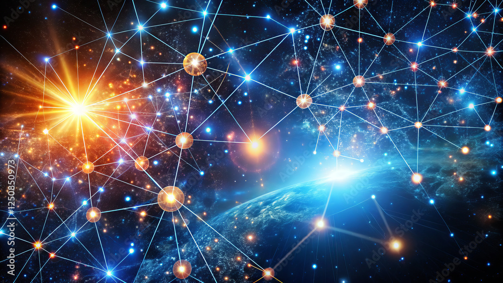 vibrant cosmic network of glowing nodes and pathways illuminates universe, showcasing stunning interplay of light and color against backdrop of stars and galaxies vibrant cosmic network of glowing nodes and pathways illuminates universe, showcasing stunning interplay of light and color against backdrop of stars and galaxies