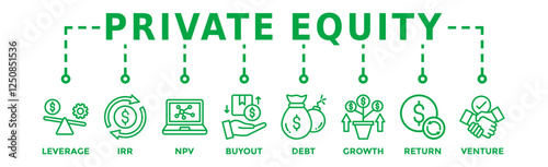 Private Equity banner web icon vector illustration concept with icon of leverage, irr, npv, buyout, debt, growth, return, and venture