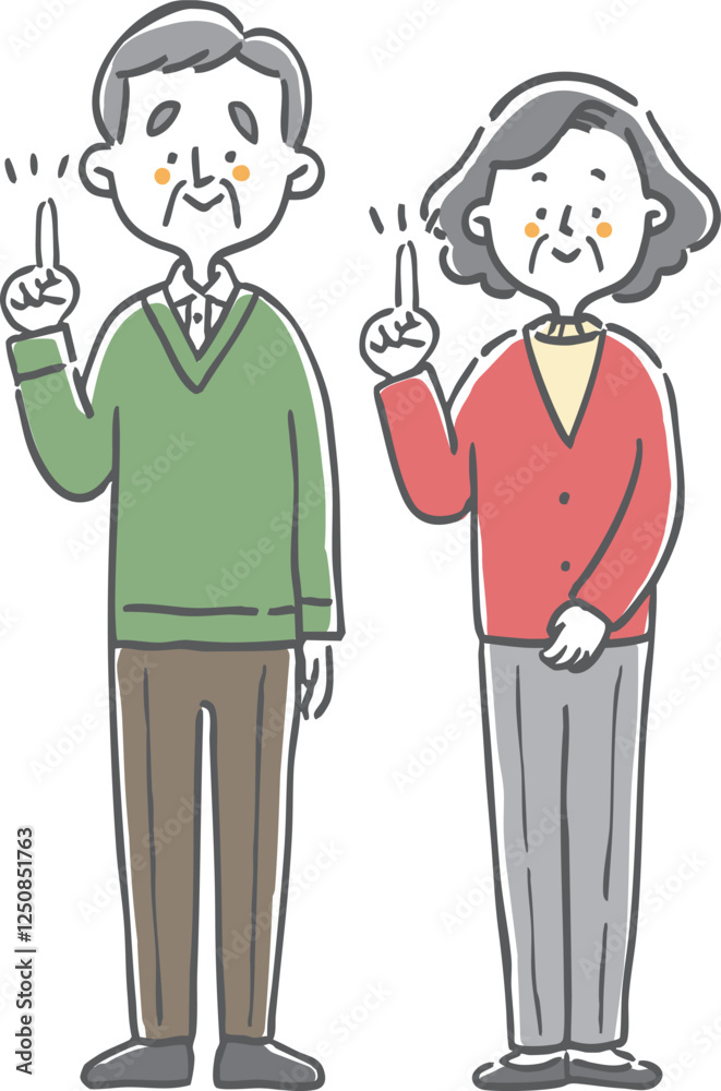 人差し指を立てて説明するシニア夫婦のイラスト 全身 ベクター 人差し指を立てて説明するシニア夫婦のイラスト 全身 ベクター