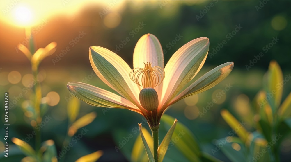Obraz premium A delicate flower bathed in the warm glow of the setting sun. Its petals, a soft blend of peach and green, create a serene and peaceful atmosphere.