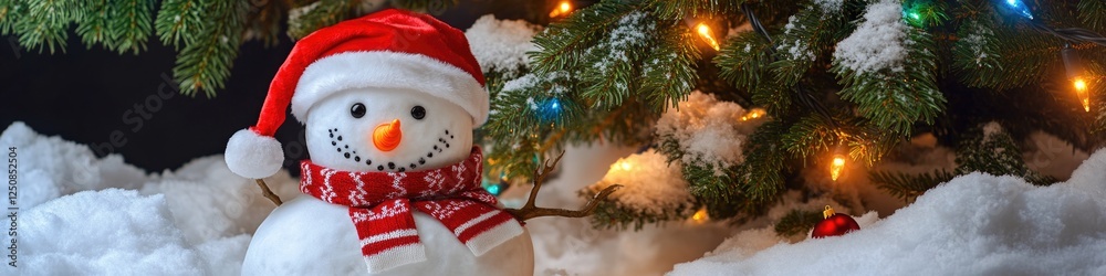 Fototapeta premium A cheerful winter scene featuring a snowman dressed as Santa Claus