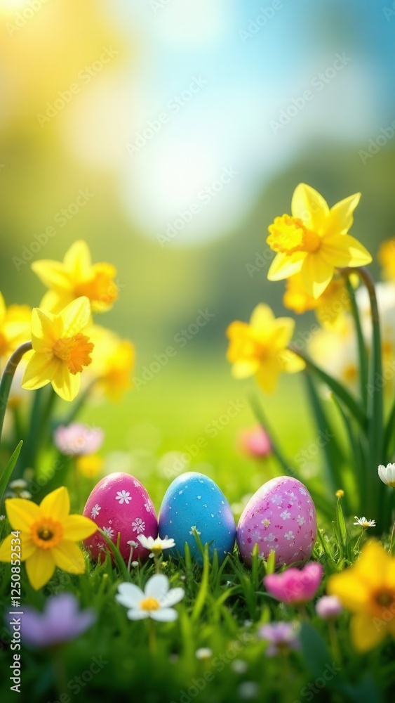 Fototapeta premium Easter decorated eggs and flowers on a background of green grass