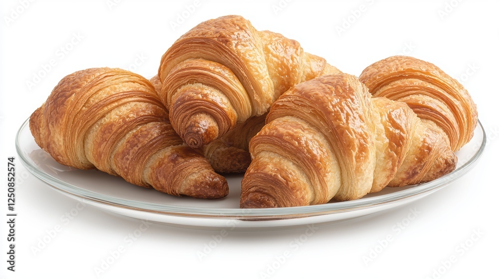 Golden, flaky croissants arranged on a glass plate, perfect for illustrating bakery, breakfast, or brunch themes in menus, cookbooks, or food blogs Golden, flaky croissants arranged on a glass plate, perfect for illustrating bakery, breakfast, or brunch themes in menus, cookbooks, or food blogs