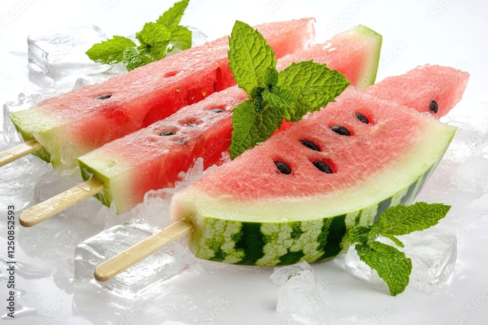 Fresh watermelons sitting on top of a block of ice Fresh watermelons sitting on top of a block of ice