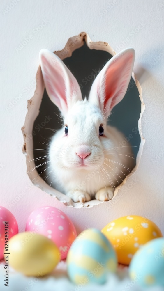 Obraz premium White Easter bunny peeking out of a hole, painted eggs on a soft pink and blue background