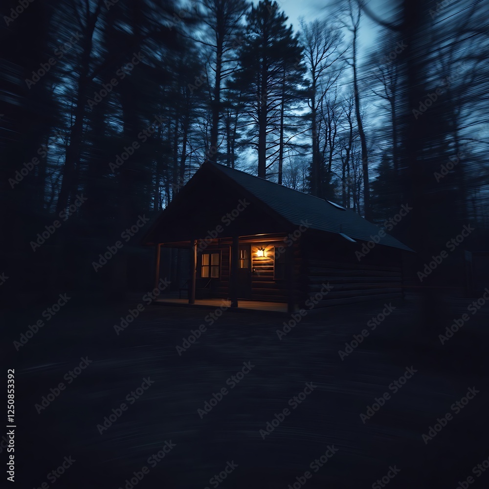 Log cabin at night in dark forest. Log cabin at night in dark forest.